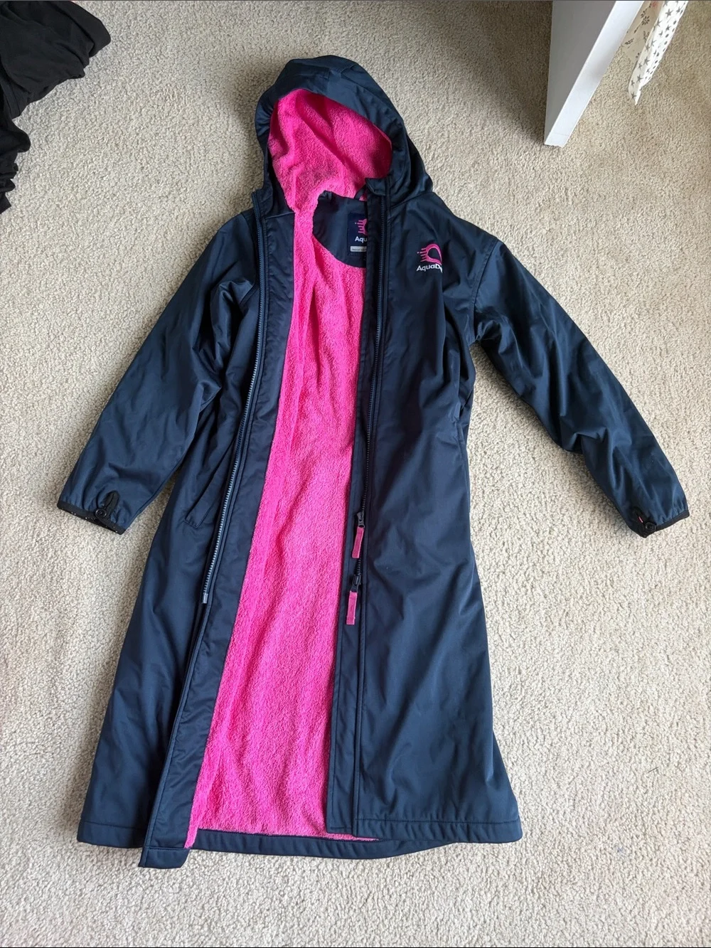 Navy Kids' Long Raincoat with Hot Pink Fleece Lining